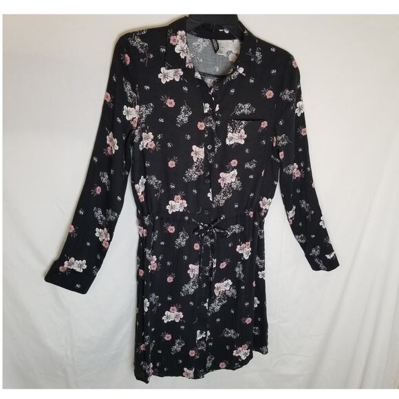 Divided Women's Mini Black Floral Dress Button Up Long Cuffed Sleeves Size 6 - Picture 1 of 10